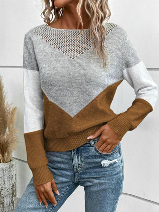 Womens Long Sleeve Crewneck Color Block Hollow Knit Pullover Sweater Tops