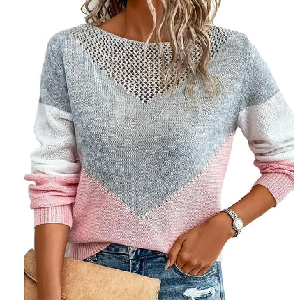 Womens Long Sleeve Crewneck Color Block Hollow Knit Pullover Sweater Tops