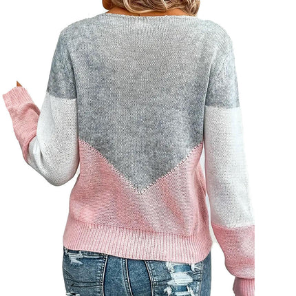 Womens Long Sleeve Crewneck Color Block Hollow Knit Pullover Sweater Tops