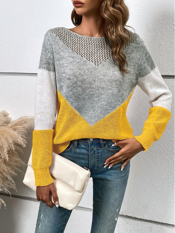 Womens Long Sleeve Crewneck Color Block Hollow Knit Pullover Sweater Tops