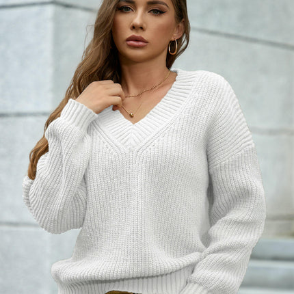 Womens V Neck Sweater Fall Knit Trendy Casual Loose Fit Long Sleeve Pullover Top