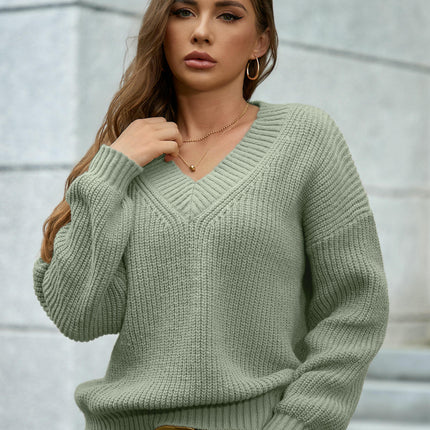Womens V Neck Sweater Fall Knit Trendy Casual Loose Fit Long Sleeve Pullover Top