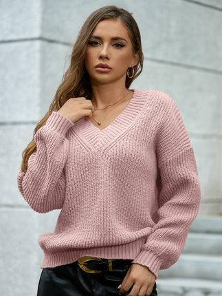 Womens V Neck Sweater Fall Knit Trendy Casual Loose Fit Long Sleeve Pullover Top
