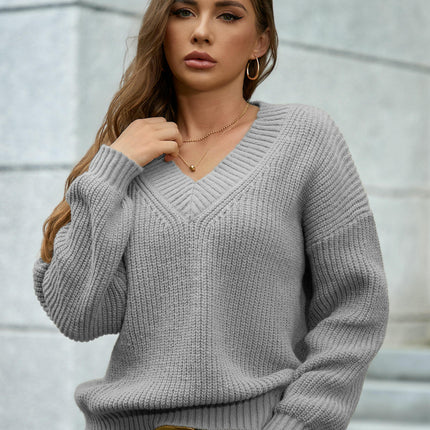 Womens V Neck Sweater Fall Knit Trendy Casual Loose Fit Long Sleeve Pullover Top