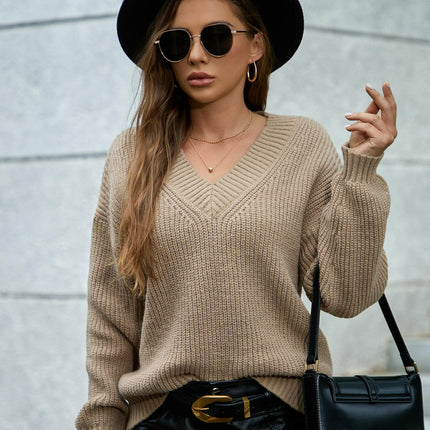 Womens V Neck Sweater Fall Knit Trendy Casual Loose Fit Long Sleeve Pullover Top