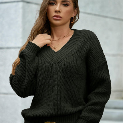 Womens V Neck Sweater Fall Knit Trendy Casual Loose Fit Long Sleeve Pullover Top