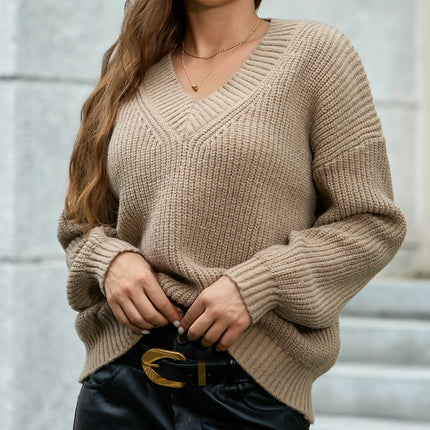 Womens V Neck Sweater Fall Knit Trendy Casual Loose Fit Long Sleeve Pullover Top