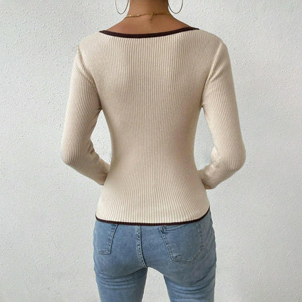 Women's Sexy V-Neck Long Sleeve Sweater Knit Color Block Slim Fit Pullover Top