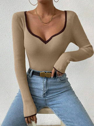 Women's Sexy V-Neck Long Sleeve Sweater Knit Color Block Slim Fit Pullover Top