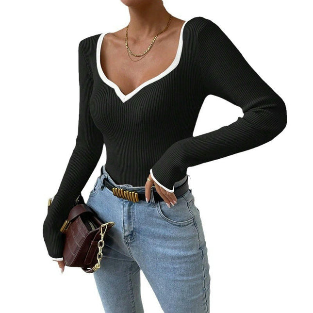 Women's Sexy V-Neck Long Sleeve Sweater Knit Color Block Slim Fit Pullover Top