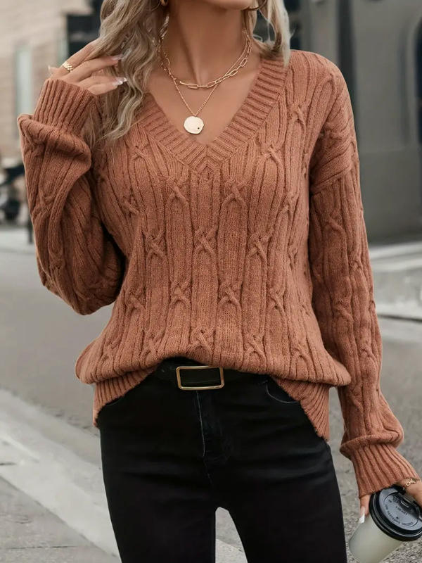 Women Long Sleeve Sweaters Soft Loose Fit Cable Knit Pullover V Neck Tops