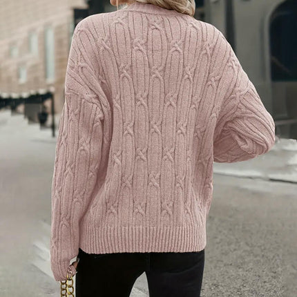 Women Long Sleeve Sweaters Soft Loose Fit Cable Knit Pullover V Neck Tops