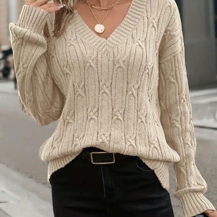 Women Long Sleeve Sweaters Soft Loose Fit Cable Knit Pullover V Neck Tops