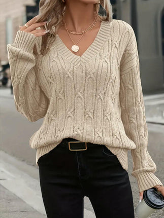Women Long Sleeve Sweaters Soft Loose Fit Cable Knit Pullover V Neck Tops