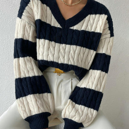 Women's Cable Knit Long Sleeve Sweater Pullover V Neck Color Block Striped Tops