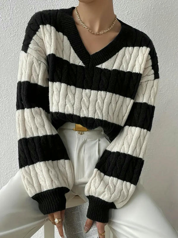 Women's Cable Knit Long Sleeve Sweater Pullover V Neck Color Block Striped Tops