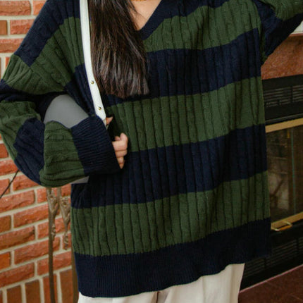 Women's Cable Knit Long Sleeve Sweater Pullover V Neck Color Block Striped Tops