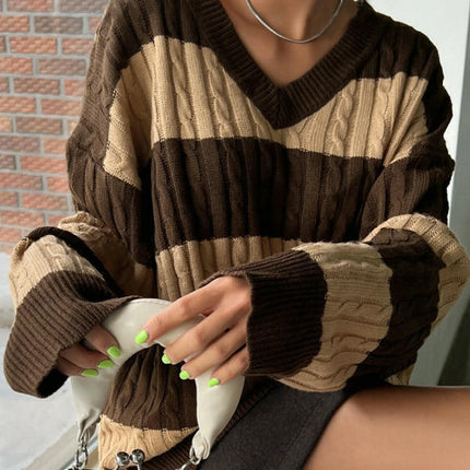 Women's Cable Knit Long Sleeve Sweater Pullover V Neck Color Block Striped Tops