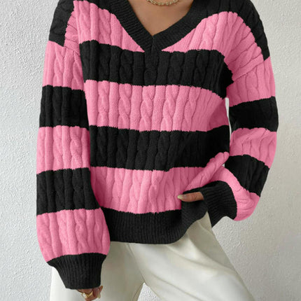 Women's Cable Knit Long Sleeve Sweater Pullover V Neck Color Block Striped Tops