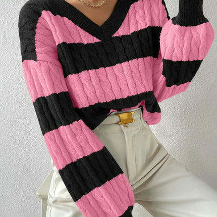 Women's Cable Knit Long Sleeve Sweater Pullover V Neck Color Block Striped Tops