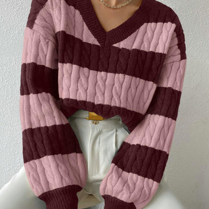 Women's Cable Knit Long Sleeve Sweater Pullover V Neck Color Block Striped Tops