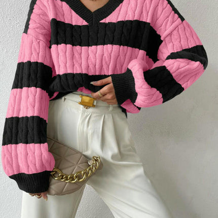 Women's Cable Knit Long Sleeve Sweater Pullover V Neck Color Block Striped Tops