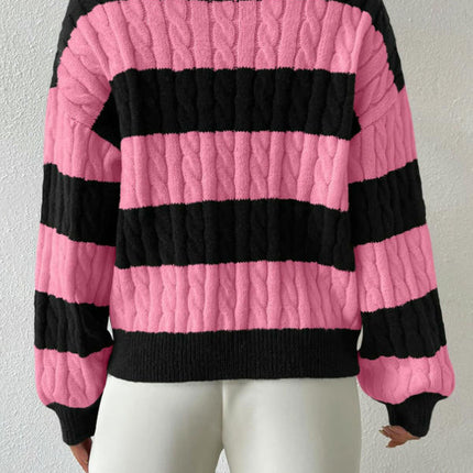 Women's Cable Knit Long Sleeve Sweater Pullover V Neck Color Block Striped Tops