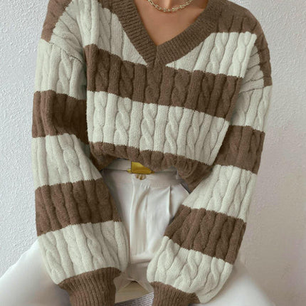Women's Cable Knit Long Sleeve Sweater Pullover V Neck Color Block Striped Tops
