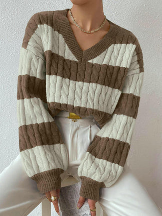 Women's Cable Knit Long Sleeve Sweater Pullover V Neck Color Block Striped Tops