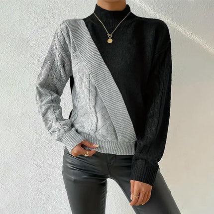 Women's Turtleneck Sweater Long Sleeve Cable Knitted Pullover Fall Color Block Tops