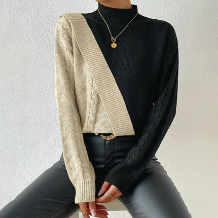 Women's Turtleneck Sweater Long Sleeve Cable Knitted Pullover Fall Color Block Tops