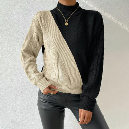 Women's Turtleneck Sweater Long Sleeve Cable Knitted Pullover Fall Color Block Tops