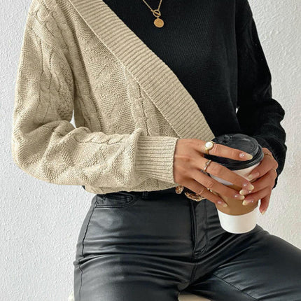 Women's Turtleneck Sweater Long Sleeve Cable Knitted Pullover Fall Color Block Tops