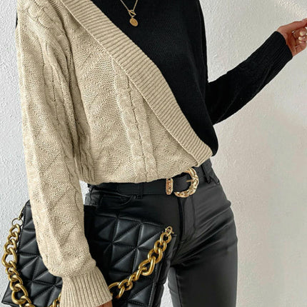Women's Turtleneck Sweater Long Sleeve Cable Knitted Pullover Fall Color Block Tops