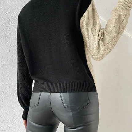 Women's Turtleneck Sweater Long Sleeve Cable Knitted Pullover Fall Color Block Tops