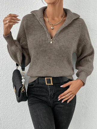 Womens 1/4 Zip V Neck Pullover Sweaters Long Sleeve Knit Pullover Jumper Fall Tops