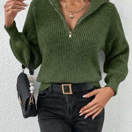 Womens 1/4 Zip V Neck Pullover Sweaters Long Sleeve Knit Pullover Jumper Fall Tops