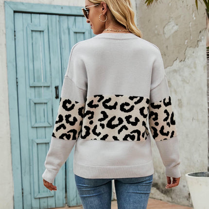 Women's Long Sleeve Knit Sweaters Casual V Neck Fall Leopard Pullover Tops