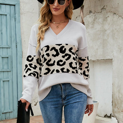 Women's Long Sleeve Knit Sweaters Casual V Neck Fall Leopard Pullover Tops