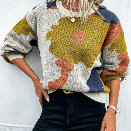 Women's Long Sleeve Crewneck Sweater Fall Color Block Knitted Pullover Top