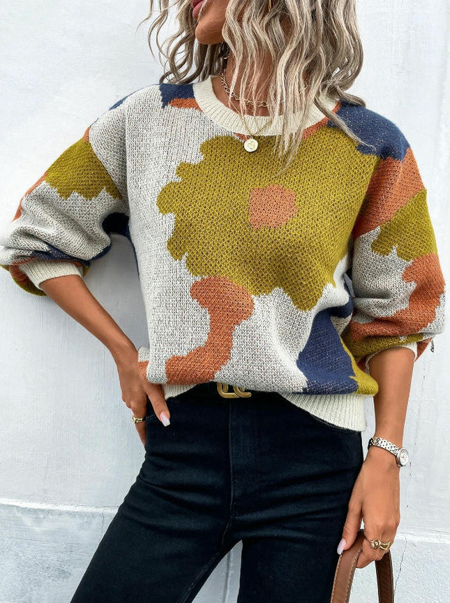 Women's Long Sleeve Crewneck Sweater Fall Color Block Knitted Pullover Top