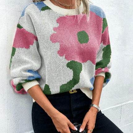 Women's Long Sleeve Crewneck Sweater Fall Color Block Knitted Pullover Top