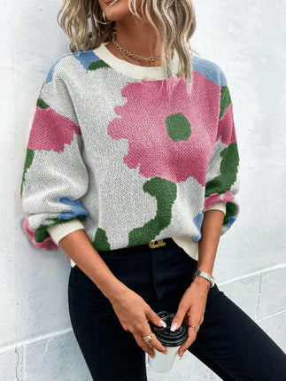 Women's Long Sleeve Crewneck Sweater Fall Color Block Knitted Pullover Top