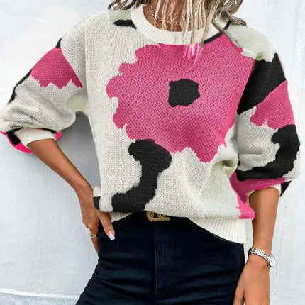 Women's Long Sleeve Crewneck Sweater Fall Color Block Knitted Pullover Top