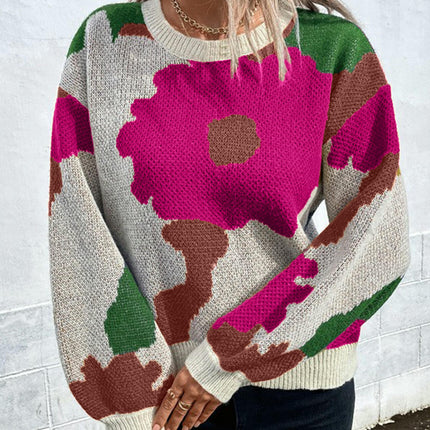 Women's Long Sleeve Crewneck Sweater Fall Color Block Knitted Pullover Top