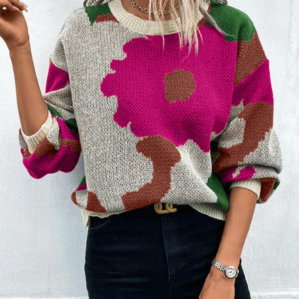 Women's Long Sleeve Crewneck Sweater Fall Color Block Knitted Pullover Top