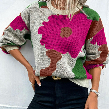 Women's Long Sleeve Crewneck Sweater Fall Color Block Knitted Pullover Top
