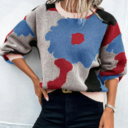 Women's Long Sleeve Crewneck Sweater Fall Color Block Knitted Pullover Top