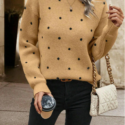 Women's Long Sleeve Crewneck Sweater Fall Casual Polka Dots Knitted Pullover Top