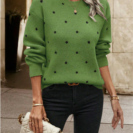 Women's Long Sleeve Crewneck Sweater Fall Casual Polka Dots Knitted Pullover Top